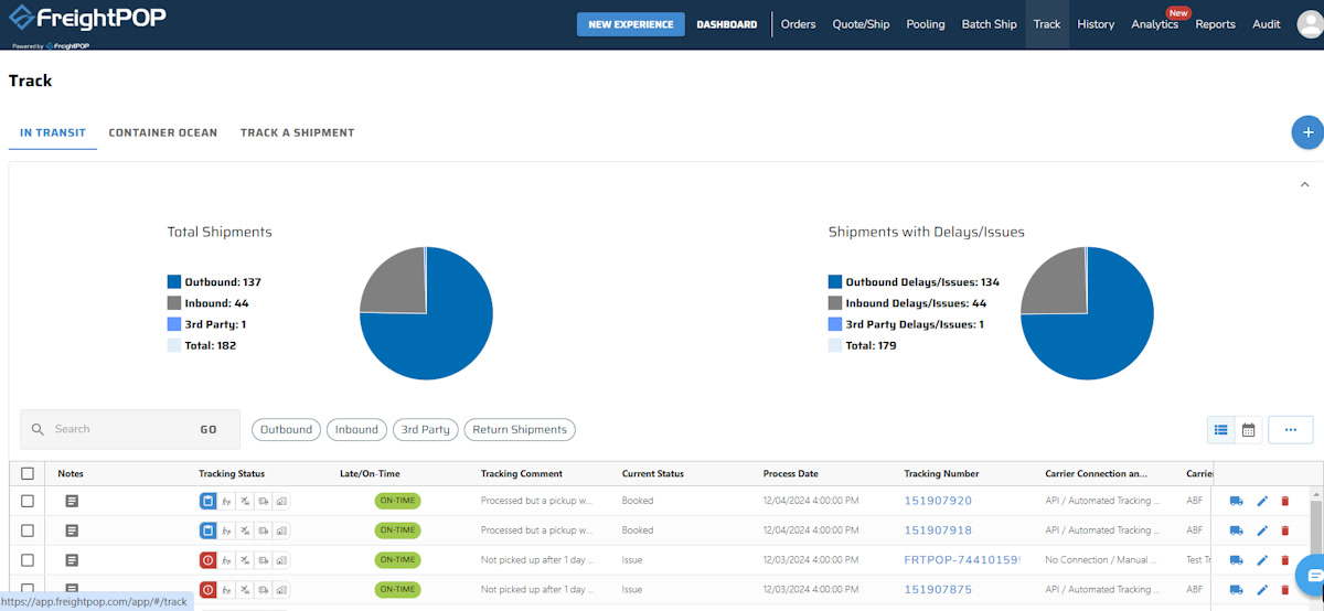 FreightPOP track shipments dashboard with outbound and inbound delay pie charts