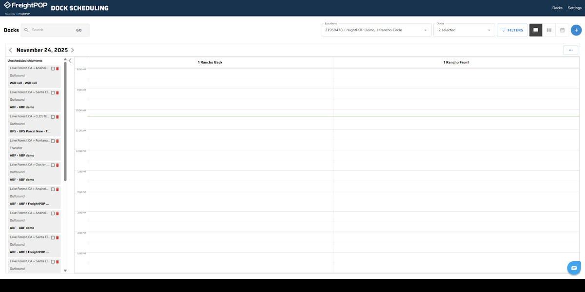 FreightPOP dock scheduling calendar showing unscheduled shipments and dock time slots