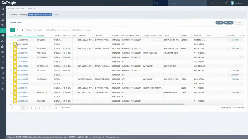 GoFreight master bill list showing consignee, carrier, and ETD or ETA columns
