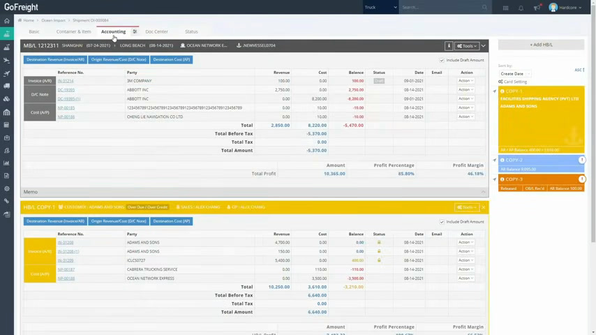 GoFreight MBL and HBL accounting detail showing total tax and profit margin