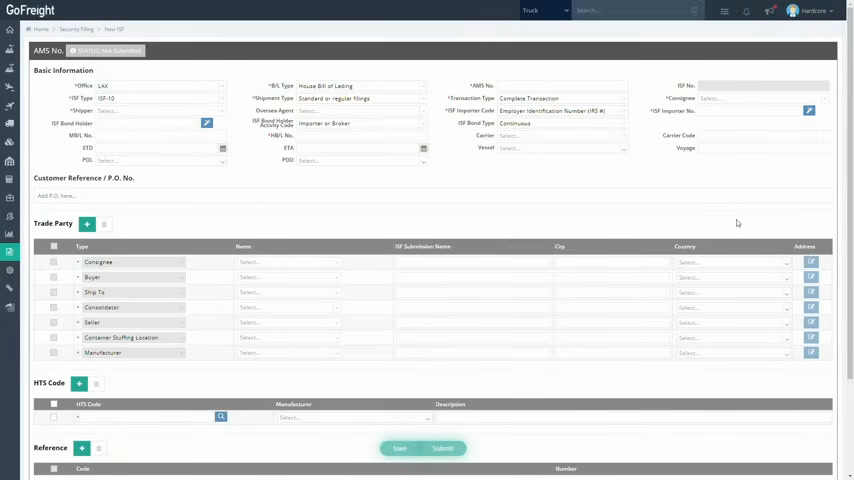 GoFreight customs form for entering HTS code and commodity basic information