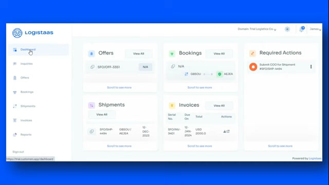 Logistaas dashboard overview showing offers, bookings, shipments, and invoices panels