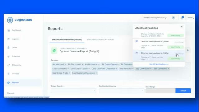 Logistaas reports page showing a dynamic volume report by freight service