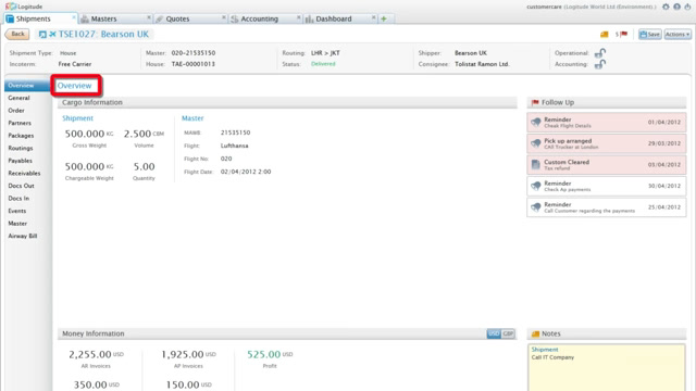 Logitude World shipment detail page with the overview tab open showing cargo and carrier information