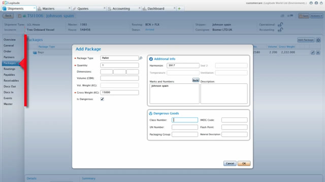 Logitude World add package modal for entering package type, dimensions, and weight