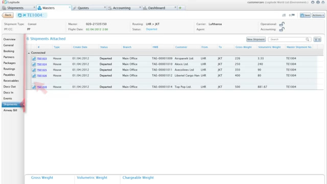 Logitude World shipments list showing houses attached to a master shipment