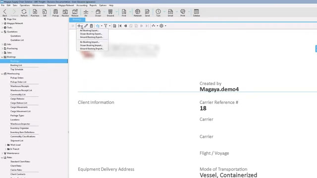 Magaya Supply Chain booking document view with carrier reference and shipment details