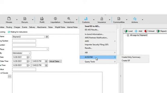 Magaya Supply Chain customs menu showing AES filing and AMS partner notification options