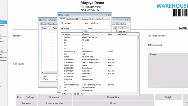 Magaya Supply Chain warehouse receipt detail listing commodity part numbers and weights