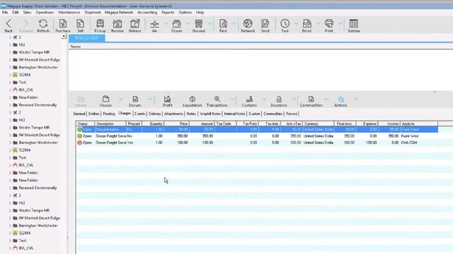 Magaya Supply Chain shipment view listing houses, profit, and liquidation transactions