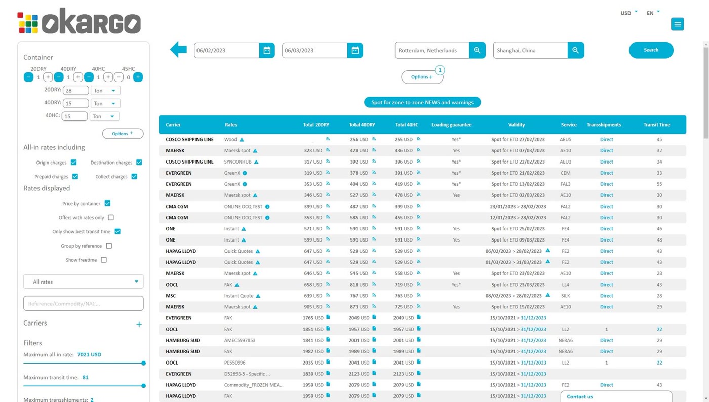 Okargo ocean freight rate comparison table listing carriers, container rates, and transit times