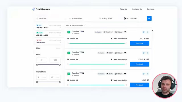 SeaRates search results listing carrier bookings with price and transit time
