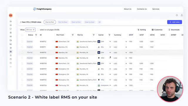 SeaRates rates list table shown in a white-label RMS deployment on a freight company site