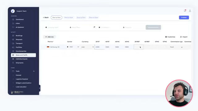 SeaRates sidebar navigation showing rates and tariffs, individual quote, and shipments modules