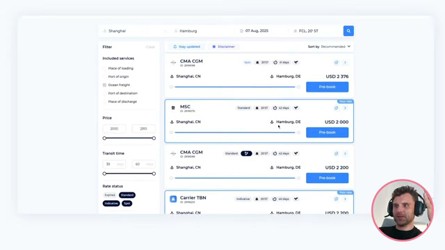 SeaRates search results with filters for included services and price sorting