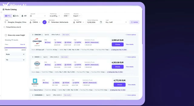 Wisor route catalog showing live carrier quotes from CMA CGM, Cosco, and Evergreen