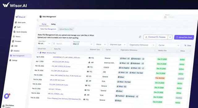Wisor rate management sidebar listing quote templates, history, and analytics