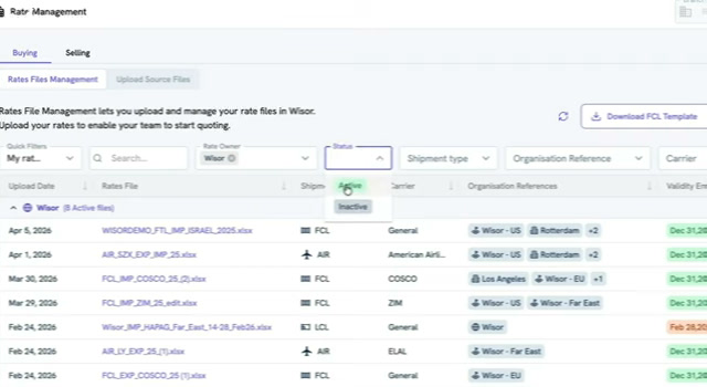 Wisor rates file management screen for uploading and tracking carrier rate files