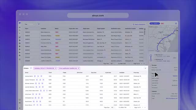 Alvys trips table with a driver availability panel and a route map open side by side