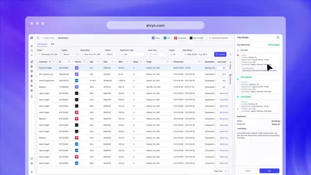 Alvys load marketplace search results with a trip details panel showing pickup and drop-off stops