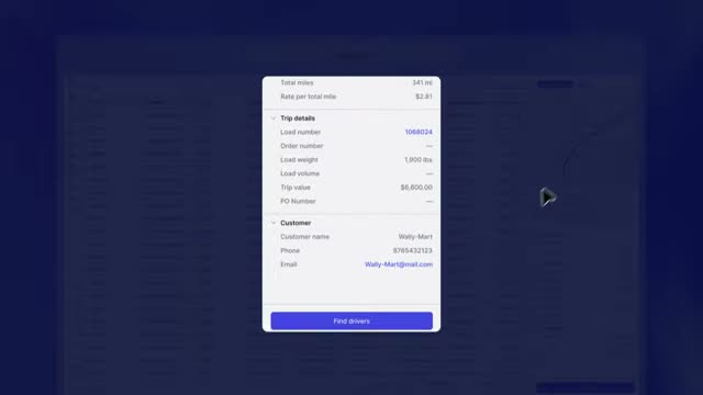 Alvys trip details modal showing load number, load weight, trip value, customer name, and a Find Drivers button