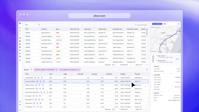 Alvys trips table showing trip number, customer, status, and origin and destination columns with a route map