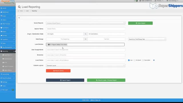 AscendTMS load reporting screen with origin, destination, date range, and column layout search filters