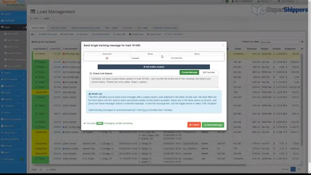 AscendTMS send tracking message dialog for a specific load with a pre-filled status update template