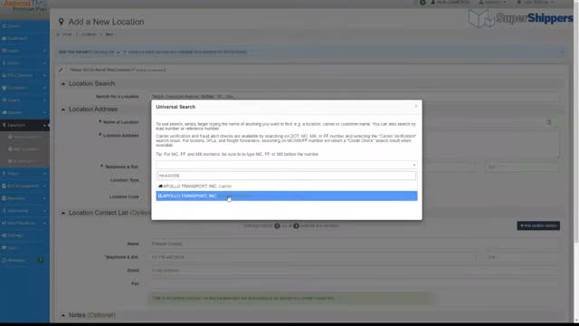 AscendTMS add a new location screen with a universal carrier search modal for MC and DOT number lookup