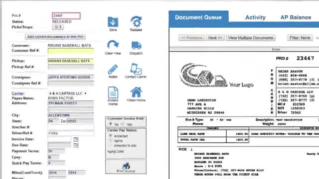 Descartes Aljex document queue screen showing a PRO number, load status, and an open rate confirmation document