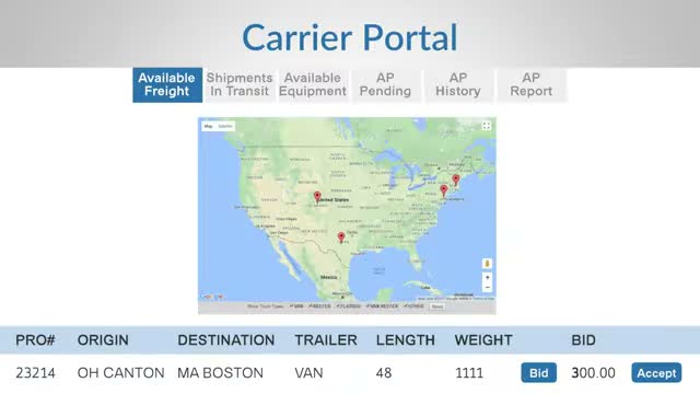 Descartes Aljex carrier portal showing a load map and an available freight table with bid pricing