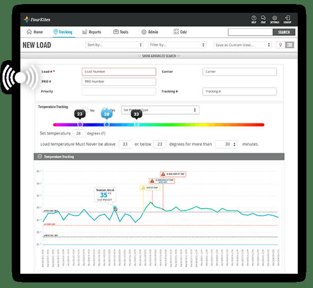 FourKites new load screen with temperature tracking thresholds and a temperature history chart