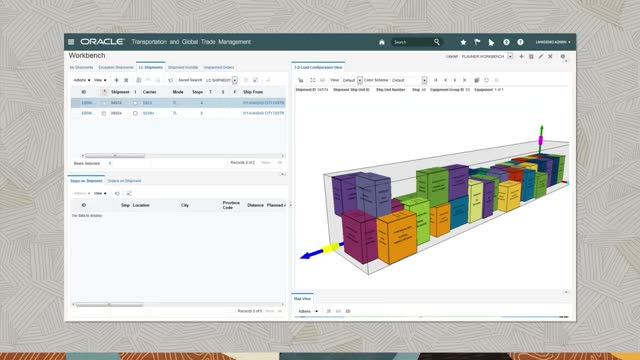 Oracle Transportation Management Cloud 3D load configuration view showing pallets arranged inside a trailer outline