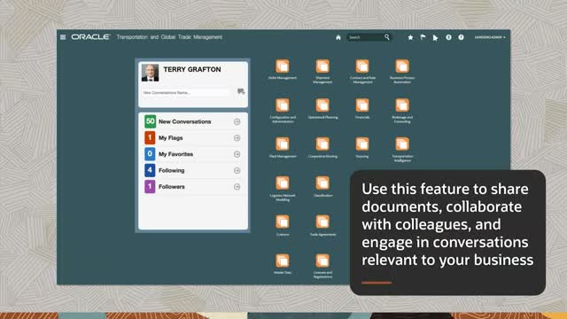 Oracle Transportation Management Cloud module menu listing order management, fleet management, sourcing, and trade agreements