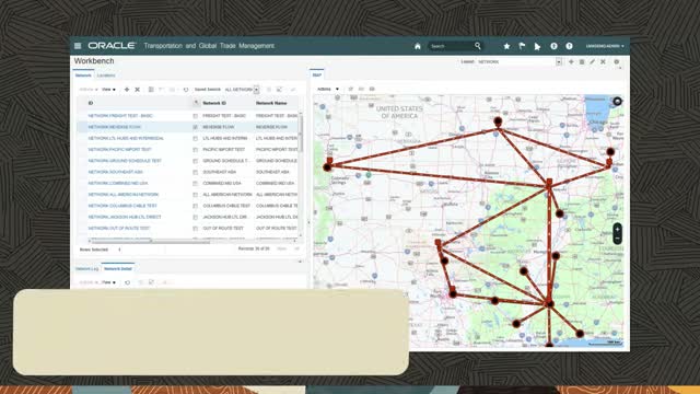 Oracle Transportation Management Cloud network view showing a lane network map with connected hub nodes across the US