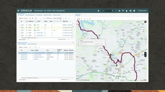 Oracle Transportation Management Cloud shipment list with a route map showing a multi-stop delivery path