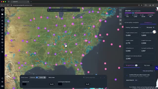 project44 real-time visibility dashboard showing a US map with in-transit shipment positions