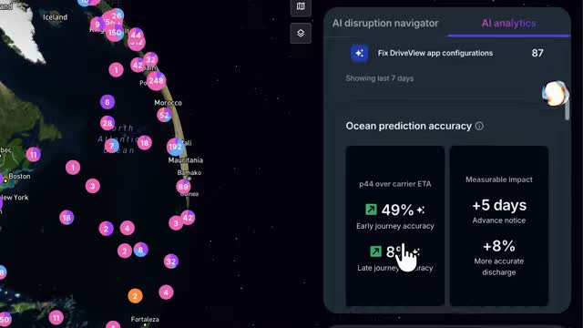 project44 AI disruption navigator panel with ocean prediction accuracy and advance notice metrics over a world map