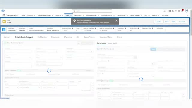 Revenova TMS load detail page with status, origin, destination fields and a freight quote assistant searching carrier quotes