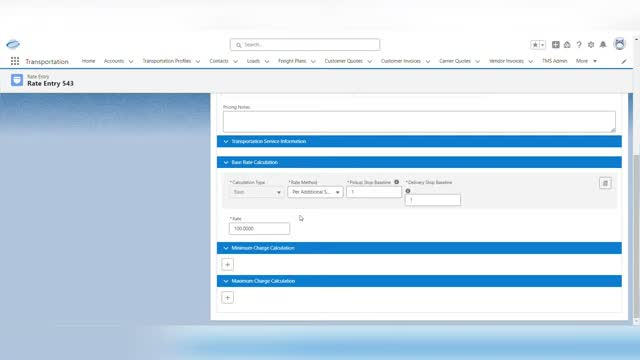 Revenova TMS rate entry screen with base rate calculation fields for calculation type, rate method, and stop baselines