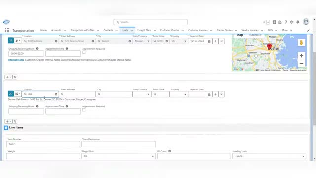 Revenova TMS load entry screen with pickup and delivery stop details, a location map, and line item fields