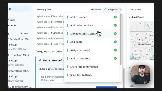 Rose Rocket quick action menu listing add customer, manage stops and tasks, assign partners, and send text to driver options