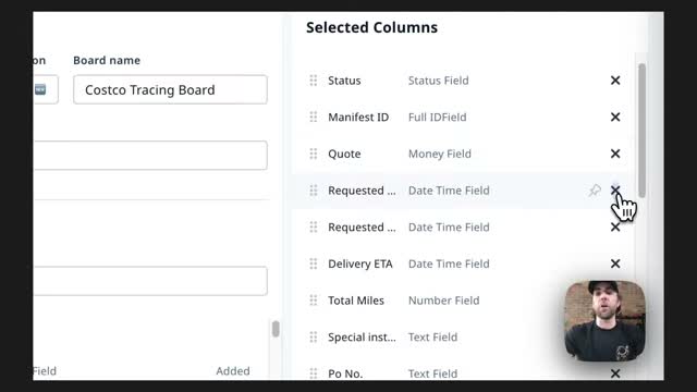 Rose Rocket custom board builder with a Costco Tracing Board name and a selected columns list