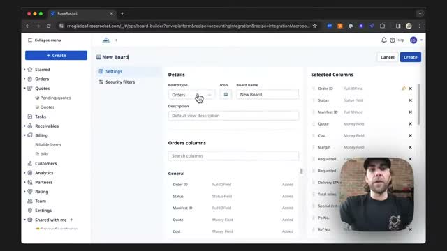 Rose Rocket new board builder screen with a board type dropdown and an orders columns list