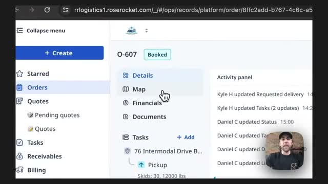Rose Rocket order detail navigation with Details, Map, Financials, Documents, and Tasks tabs and an activity log