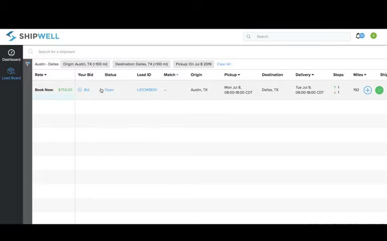 Shipwell load board table listing rate, status, load ID, origin, destination, and miles columns for open loads