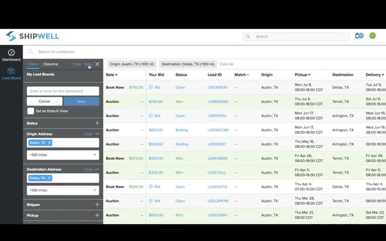 Shipwell load board filter sidebar with My Load Boards, origin, and destination filter fields