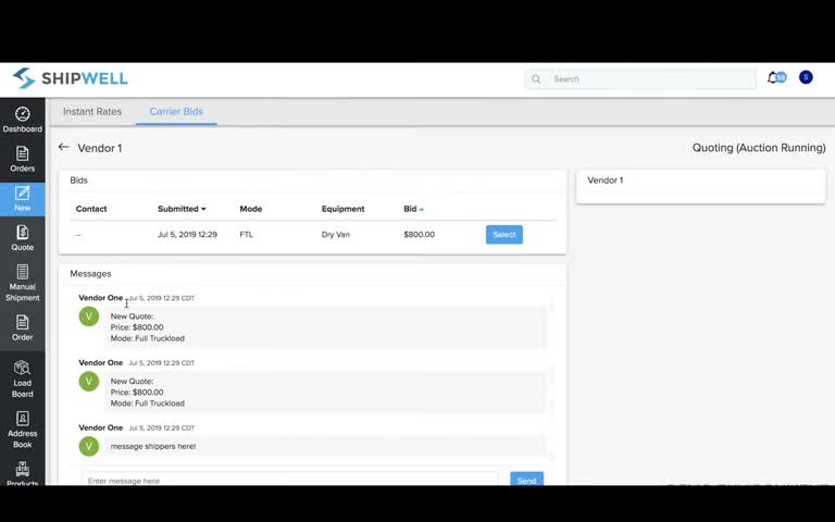 Shipwell bid panel showing carrier bids and a requesting bookings status message