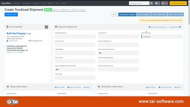 Tai TMS create truckload shipment form with end customer, shipment references, and origin and destination fields