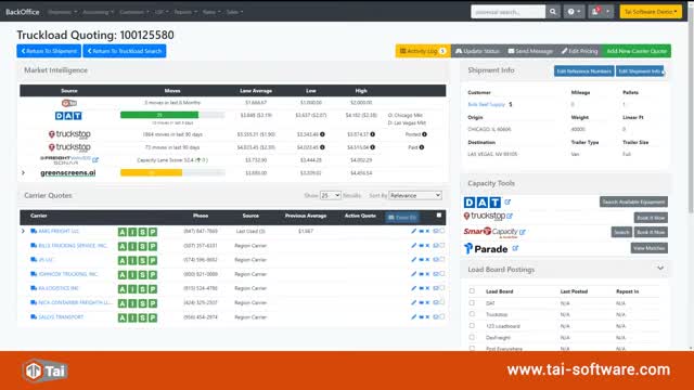 Tai TMS truckload quoting screen with DAT and Truckstop market intelligence and a list of carrier quotes